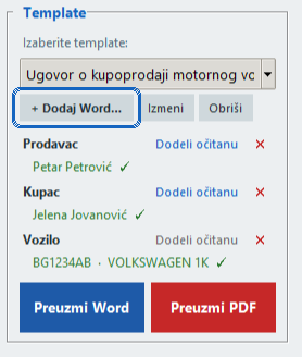 Dugme „+ Dodaj Word…“ u delu Template glavnog prozora