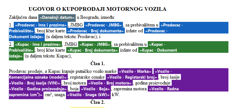 Tekst ugovora sa obojenim poljima za prodavca, kupca i vozilo